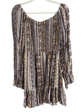 Justily Tunic Dress Large Floral Smocked Long Sleeves Multicolor Bohemian Hippie